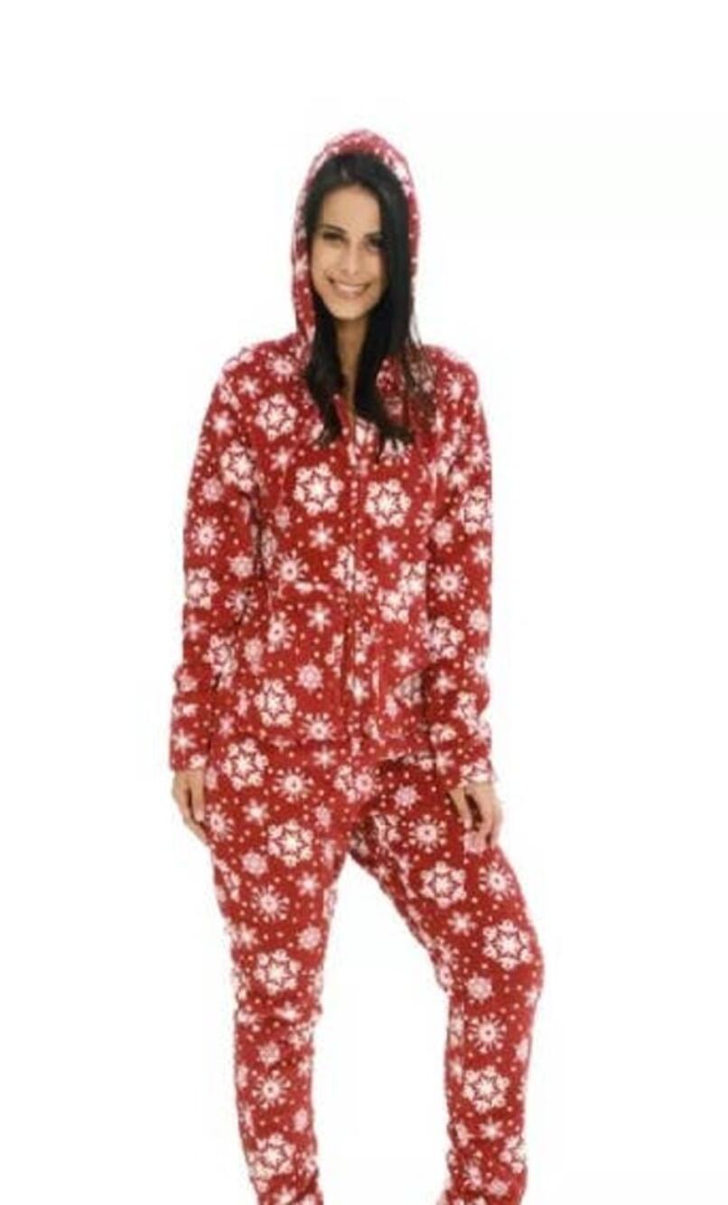 ALEXANDER DEL ROSSA Christmas Pajamas One Piece Hood Size S Women Snowflake Red